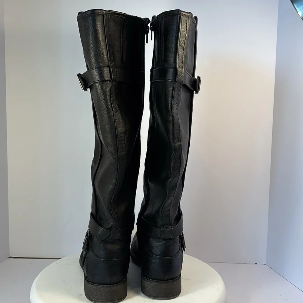 Tall Black Faux Leather Knee High Boot Adjustable Calf Strap Sz 8.5 Boho Classic